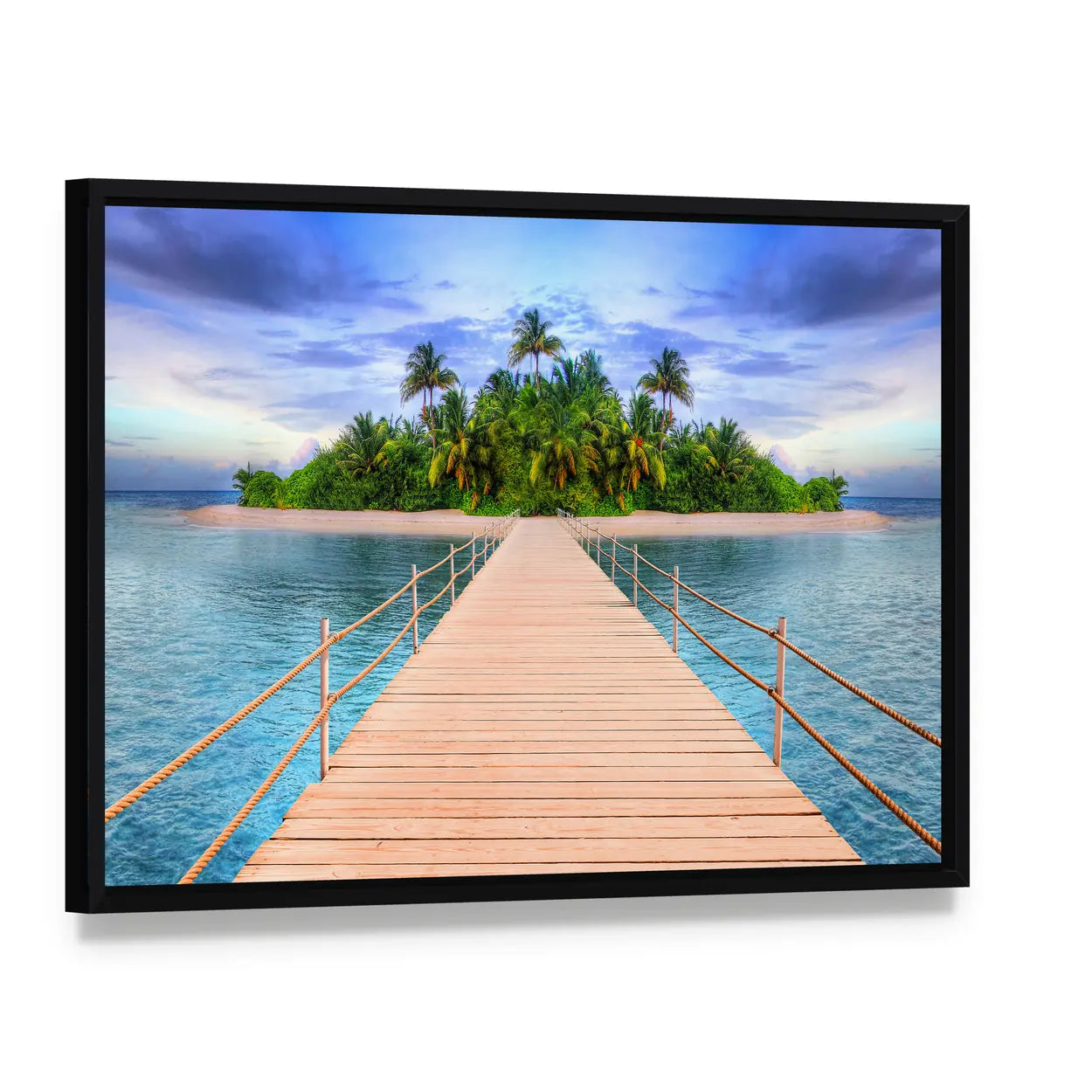 Wooden Pier to Tropical Maldives Island Canvas Wall Art, framed canvas in a black floater frame, angled product view