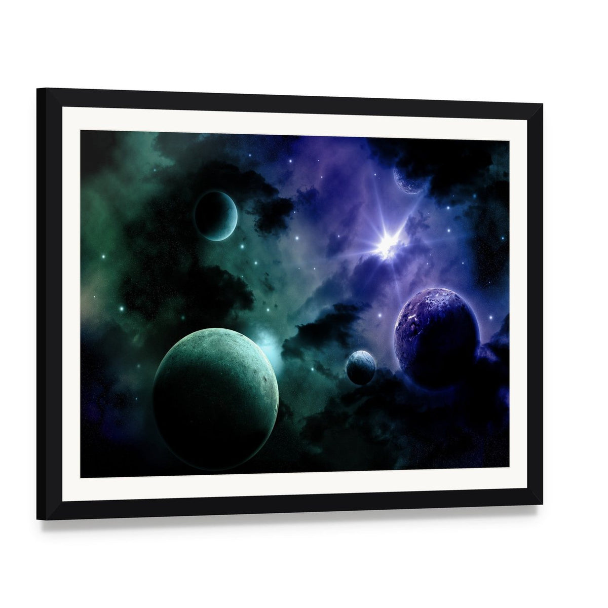 Nebula & Fictional Planets Canvas Wall Art, framed print with white mat and black frame, angled product view