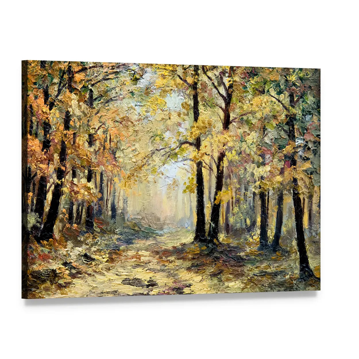 Autumn Forest Path in Golden Light Canvas Wall Art, single panel gallery wrapped canvas, angled product view