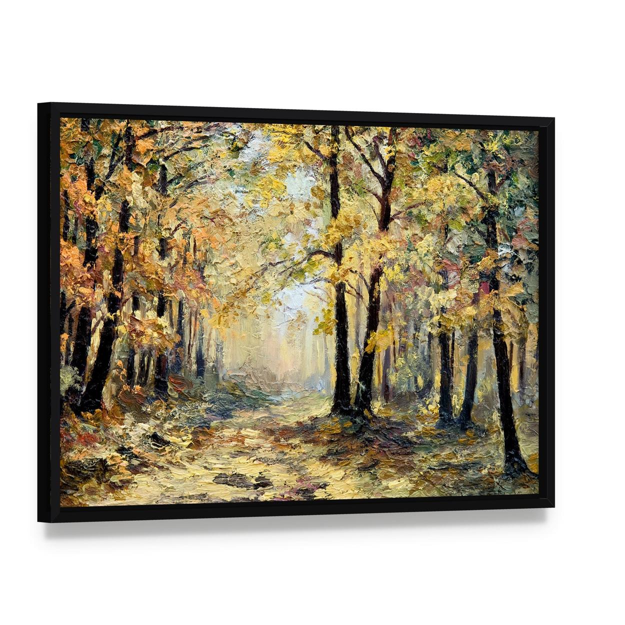 Autumn Forest Abstract Canvas Wall Art, framed canvas in a black floater frame, angled product view