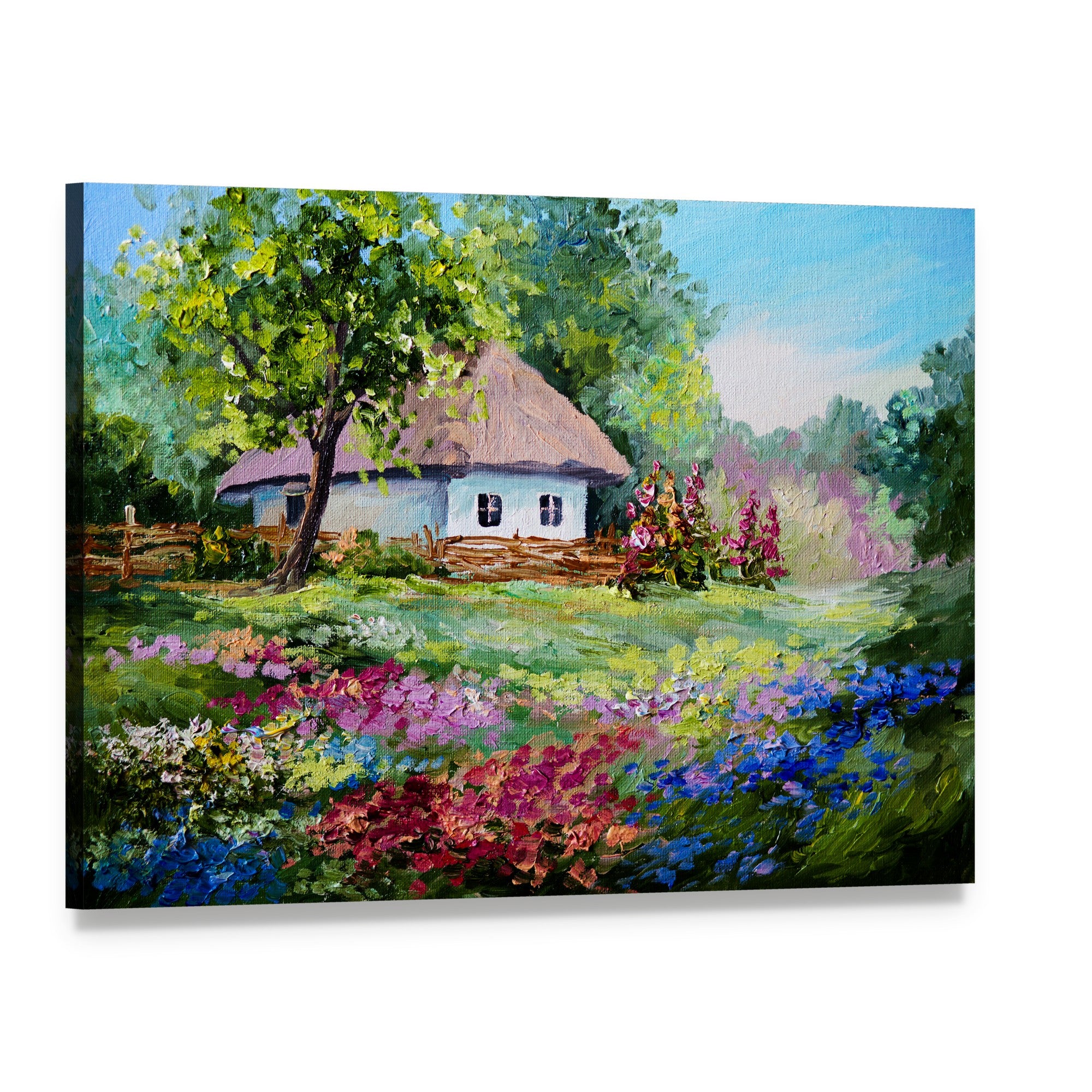 House in Village Canvas Wall Art, single panel gallery wrapped canvas, angled product view