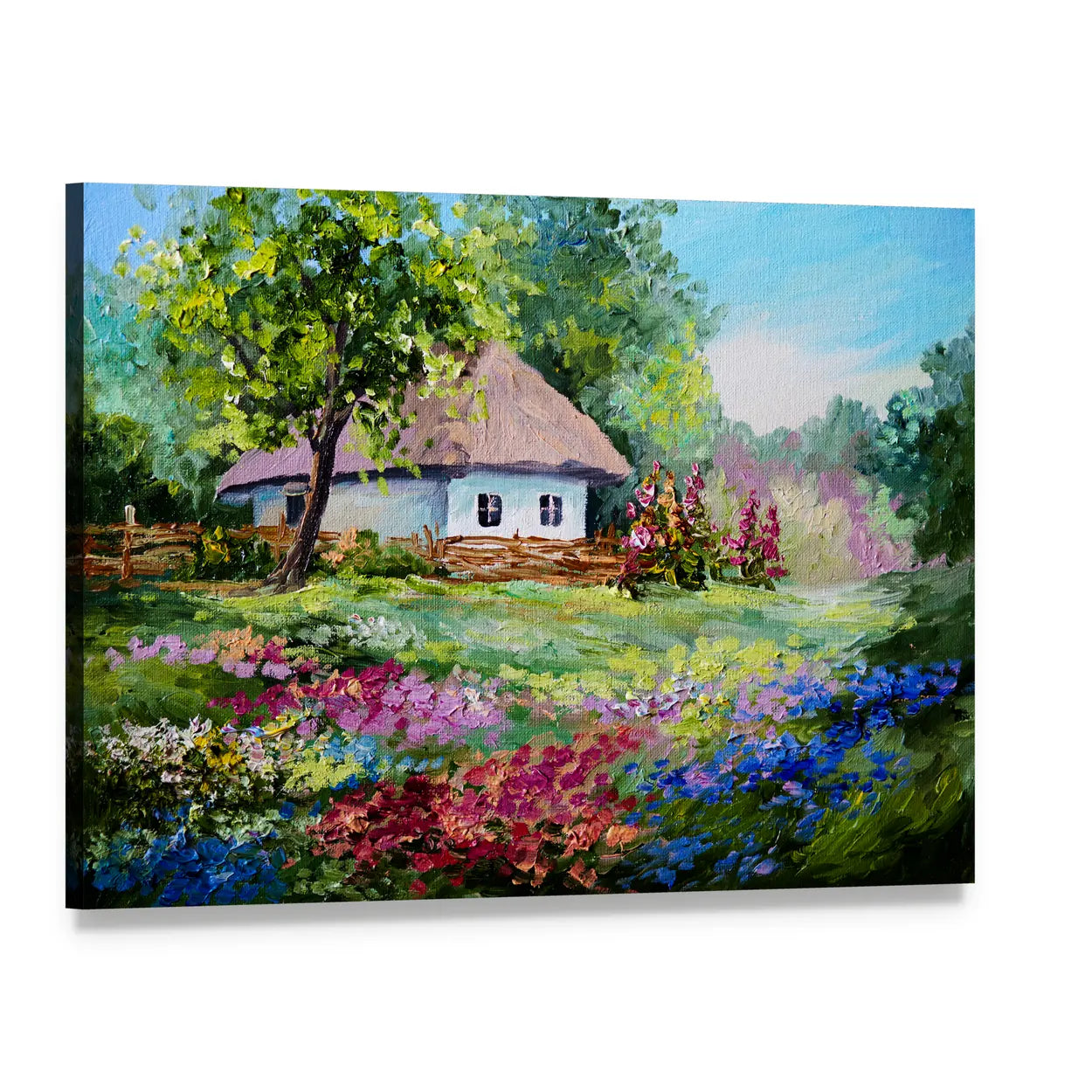 White Thatched-roof Cottage with Wildflowers Canvas Wall Art, single panel gallery wrapped canvas, angled product view