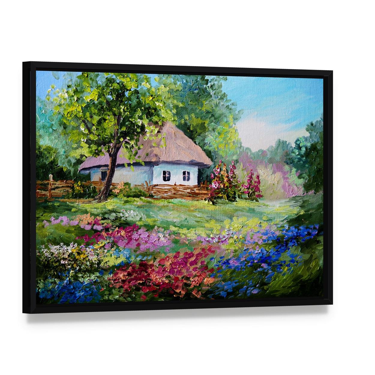 House in Village Canvas Wall Art, framed canvas in a black floater frame, angled product view