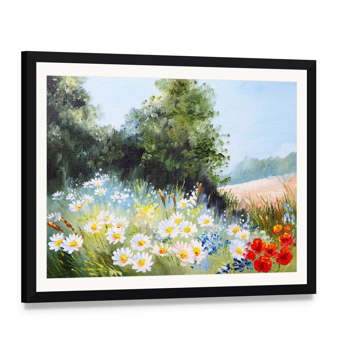 Meadow of Daisies Canvas Wall Art, framed print with white mat and black frame, angled product view