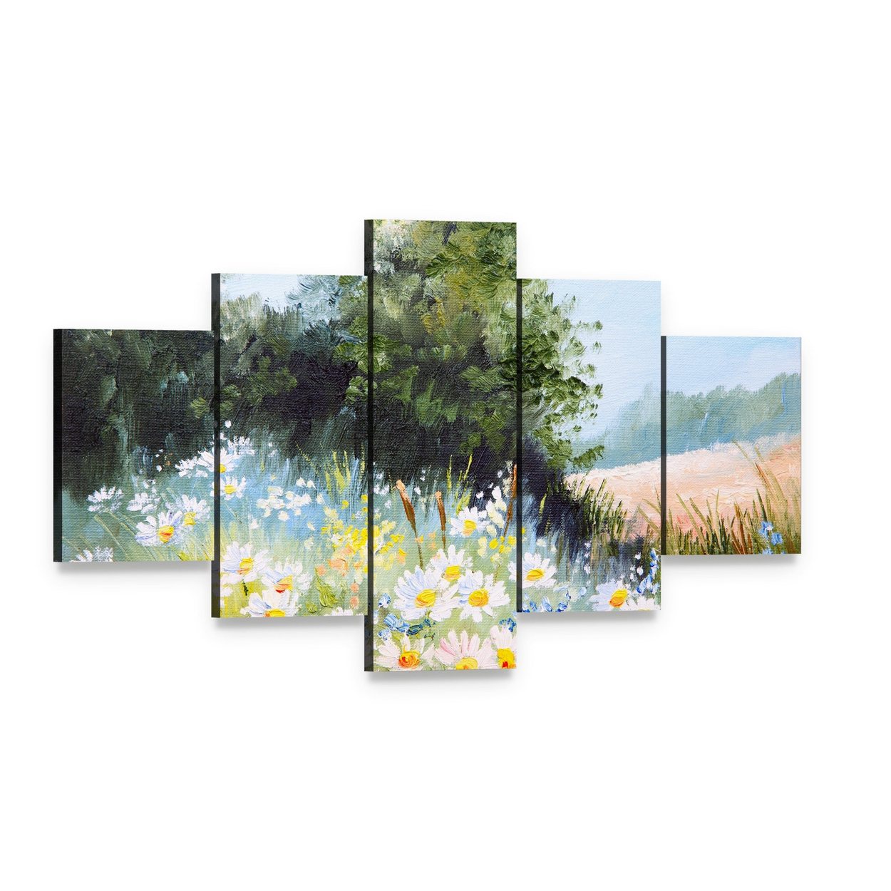 Meadow of Daisies Canvas Wall Art, 5 panel 5 Star layout gallery wrapped canvas set, angled product view