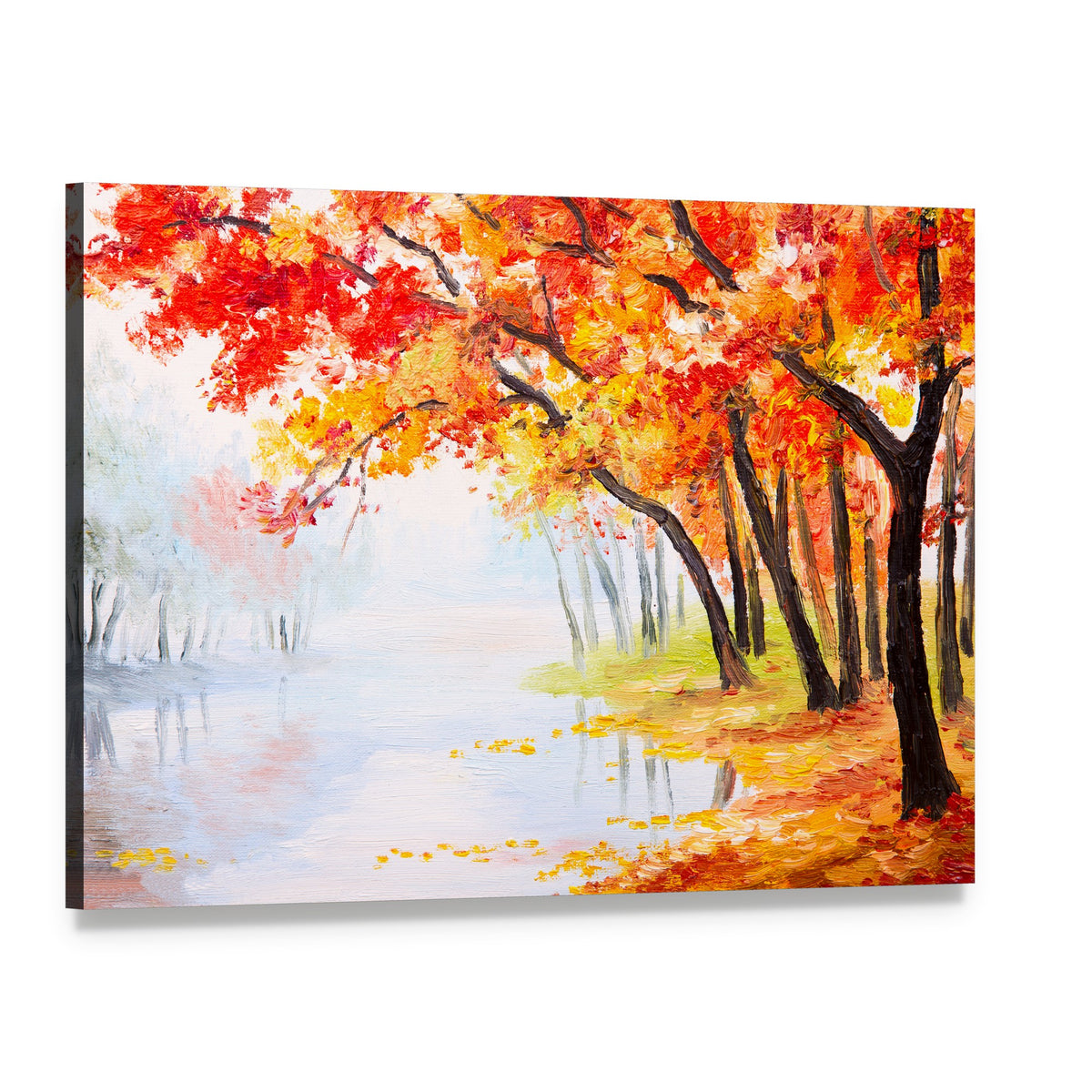 Autumn Forest Near the Lake Canvas Wall Art, single panel gallery wrapped canvas, angled product view