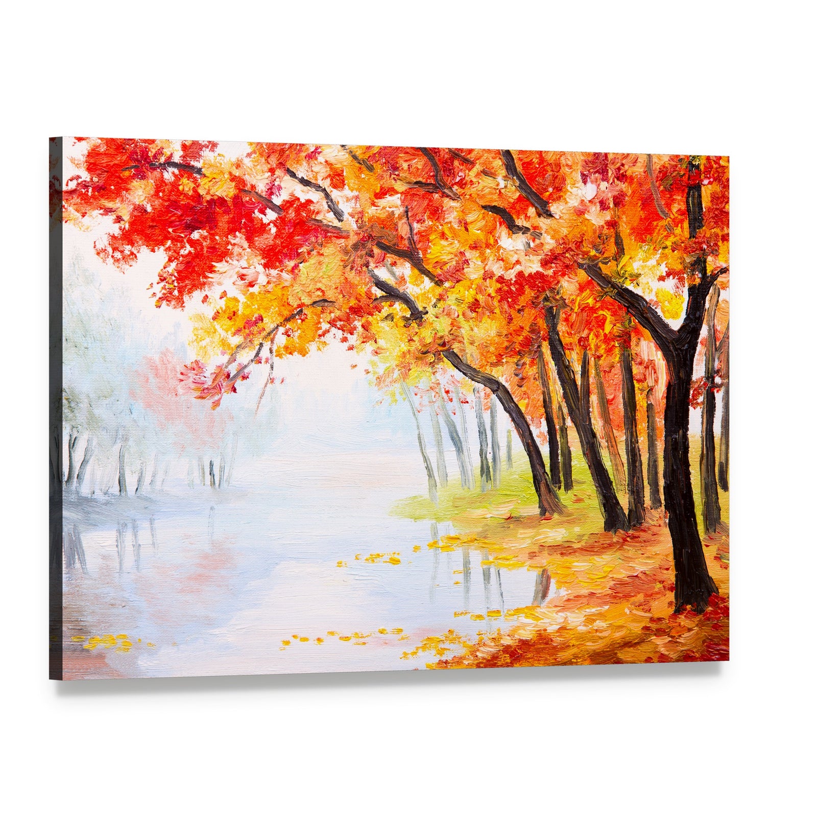 Autumn Forest Near the Lake Canvas Wall Art, single panel gallery wrapped canvas, angled product view
