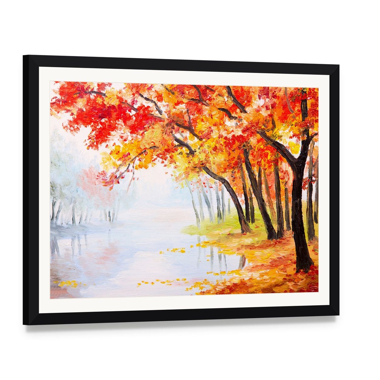 Autumn Forest Near the Lake Canvas Wall Art, framed print with white mat and black frame, angled product view