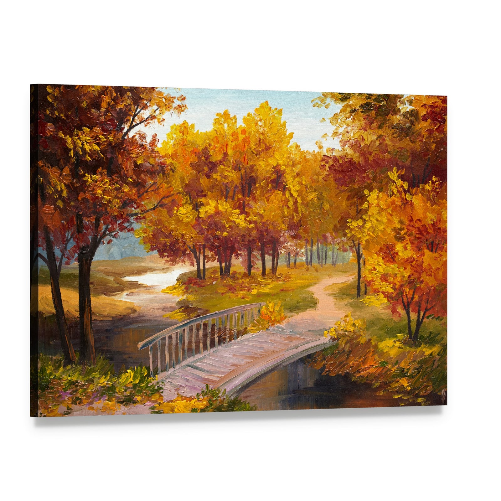 Autumn Forest & Bridge Canvas Wall Art, single panel gallery wrapped canvas, angled product view