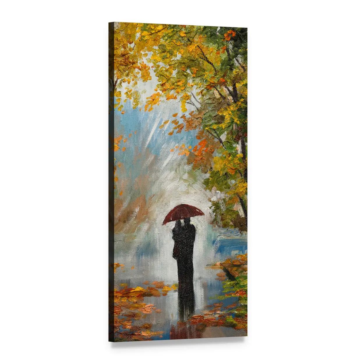 Couple Under Red Umbrella in Autumn Forest Vertical Canvas Wall Art, 1 panel 1 Vertical layout gallery wrapped canvas set, angled product view