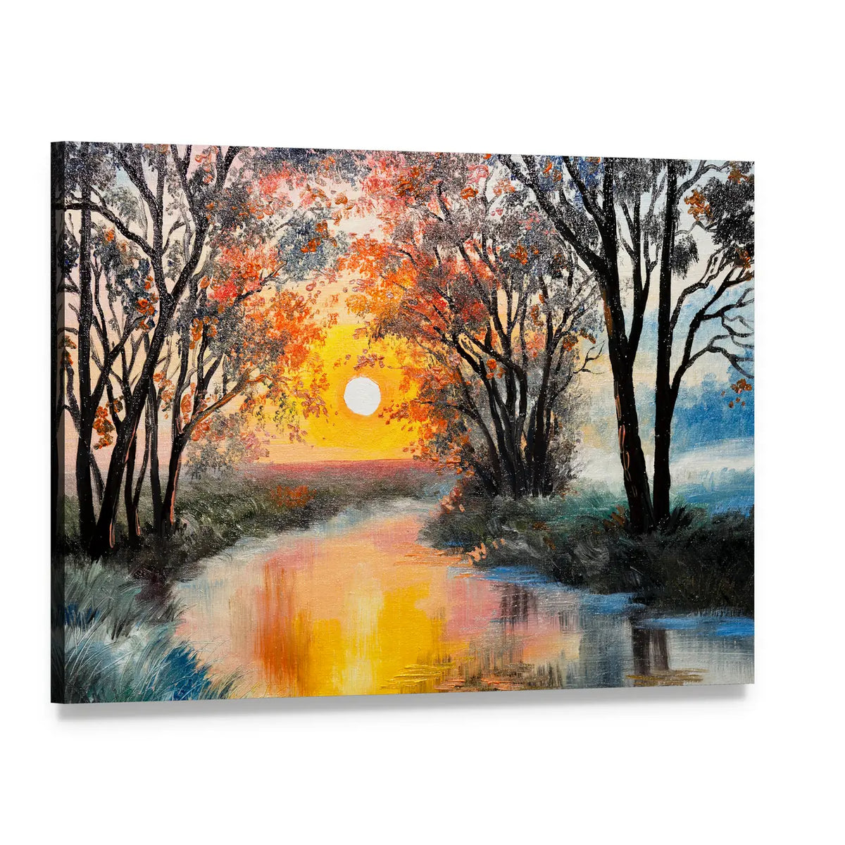 Impressionistic River Sunset Oil Painting Canvas Wall Art, single panel gallery wrapped canvas, angled product view
