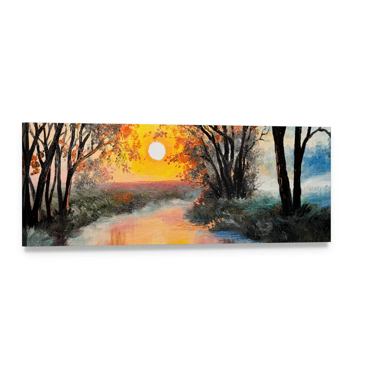 River Sunset Oil Painting with Silhouetted Trees Panoramic Canvas Wall Art, single panel gallery wrapped canvas, angled product view