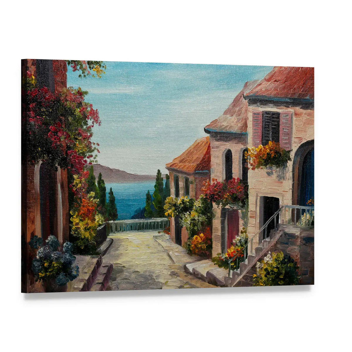 Mediterranean Village by the Sea Canvas Wall Art, single panel gallery wrapped canvas, angled product view