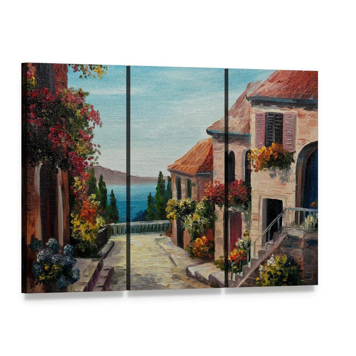 House Near the Sea Canvas Wall Art, 3 panel 3 Horizontal layout gallery wrapped canvas set, angled product view