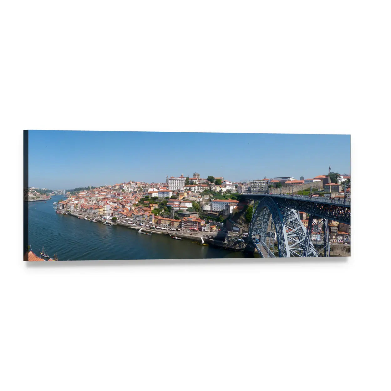 Porto Riverside with Dom Luís I Bridge Panoramic Canvas Wall Art, single panel gallery wrapped canvas, angled product view