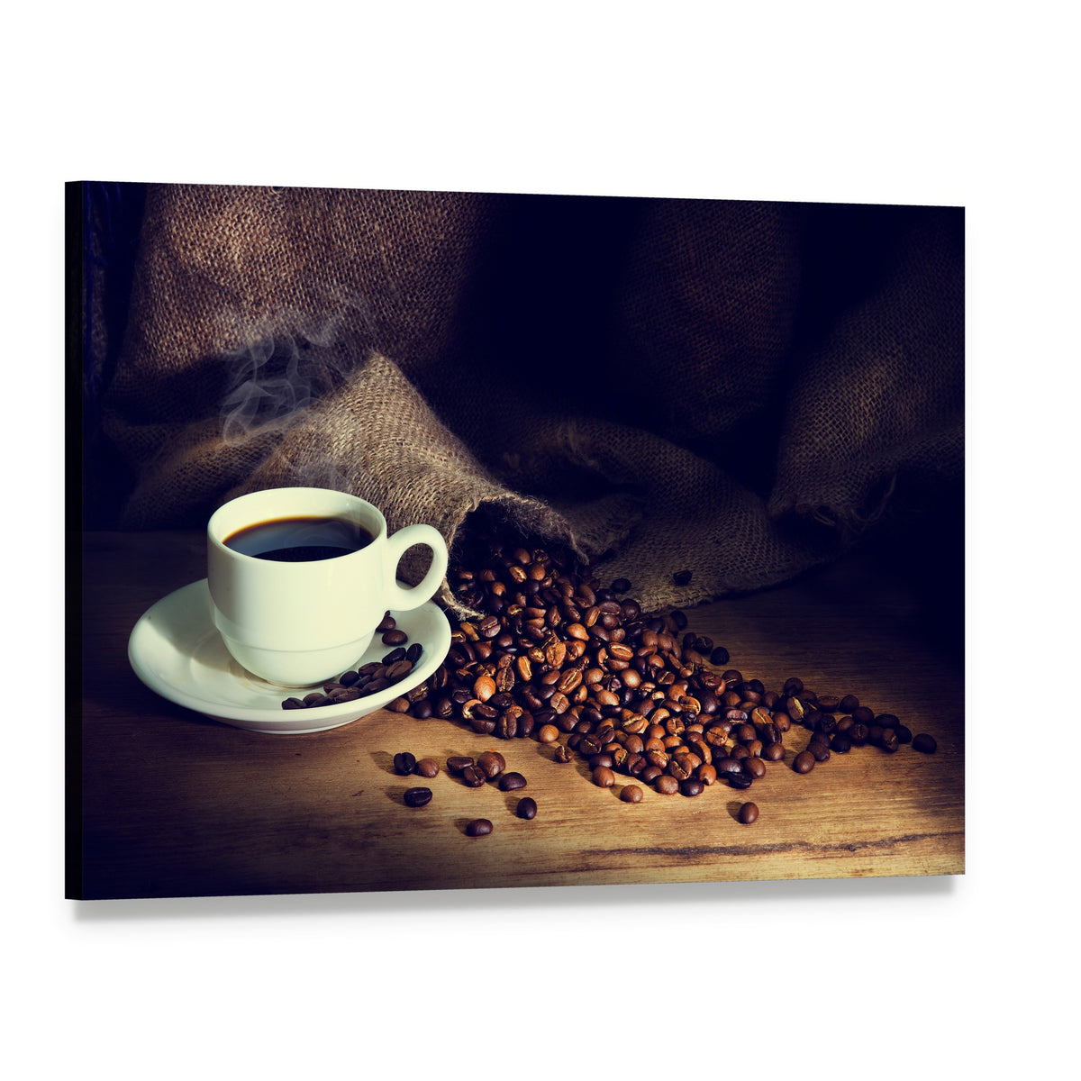 Coffee Cup and Coffee Beans Canvas Wall Art, single panel gallery wrapped canvas, angled product view