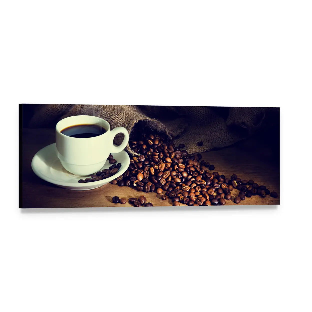 White Coffee Cup with Roasted Beans Panoramic Canvas Wall Art, single panel gallery wrapped canvas, angled product view