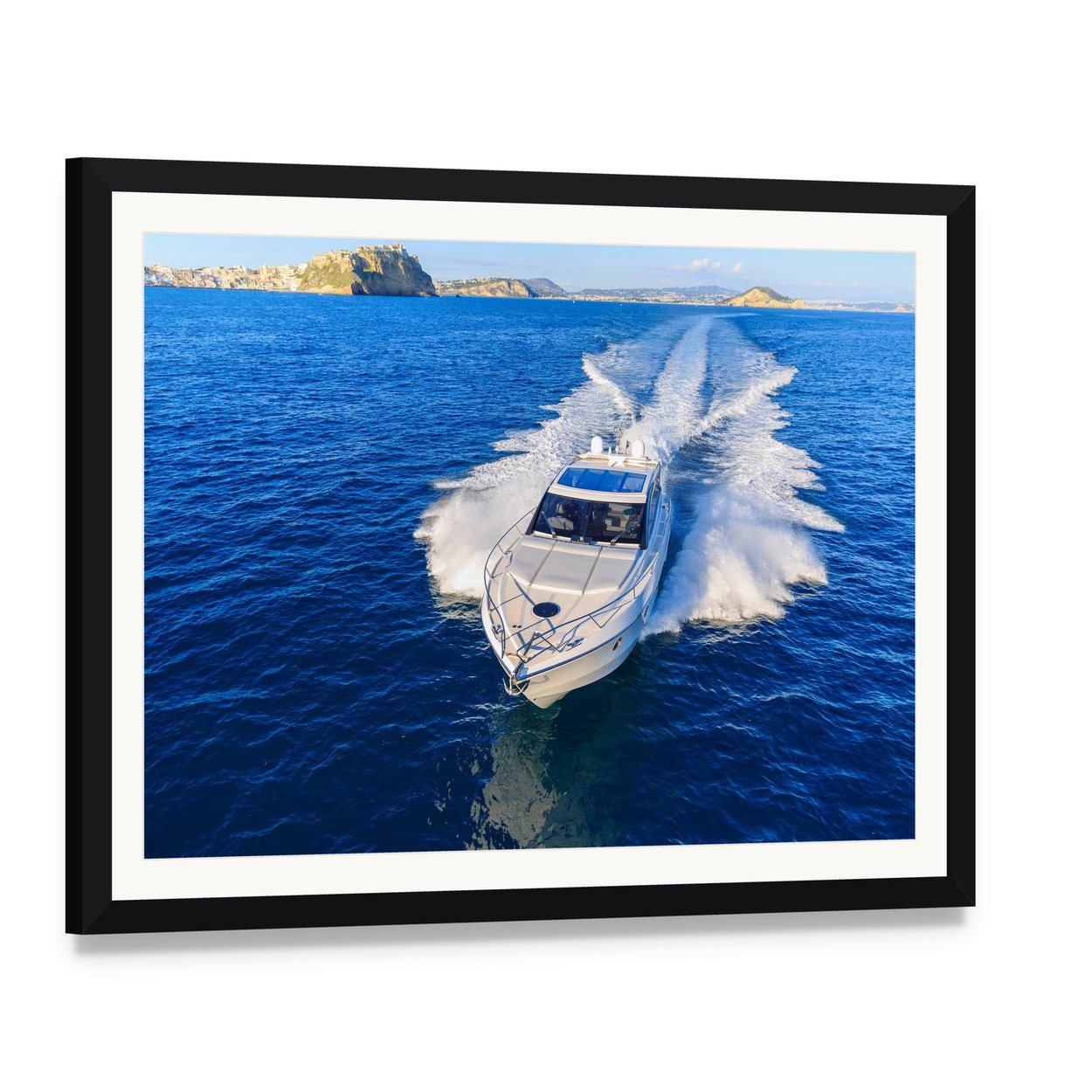 White Yacht in Ocean Canvas Wall Art, framed print with white mat and black frame, angled product view