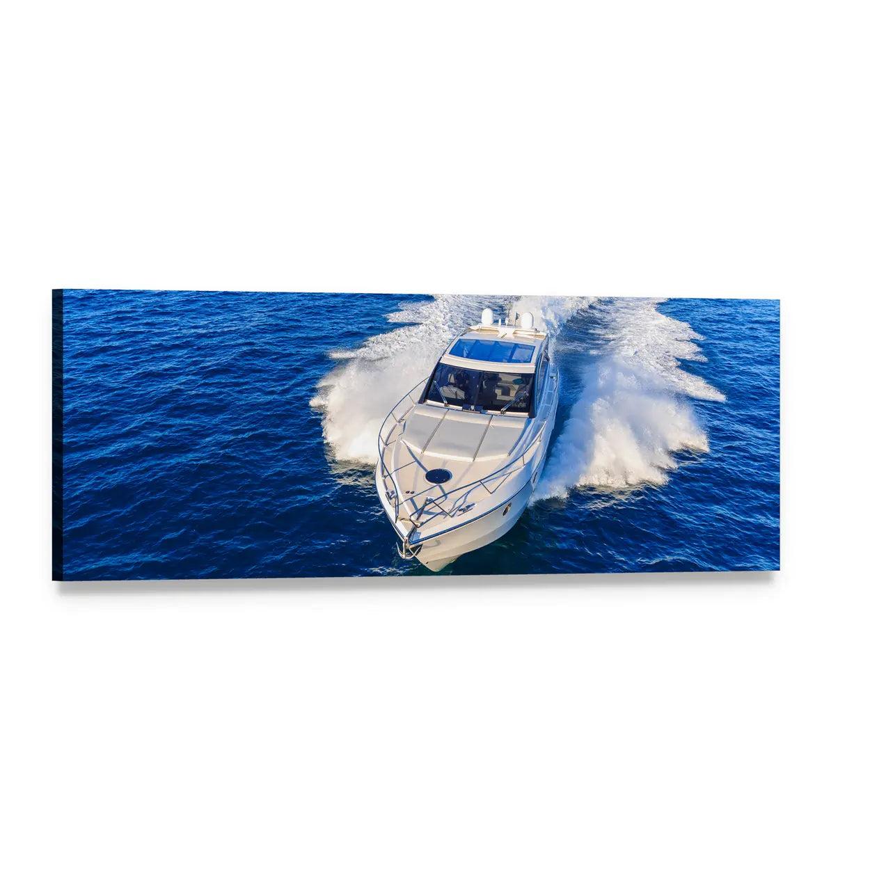 White Motorboat on Deep Blue Ocean Panoramic Canvas Wall Art, single panel gallery wrapped canvas, angled product view