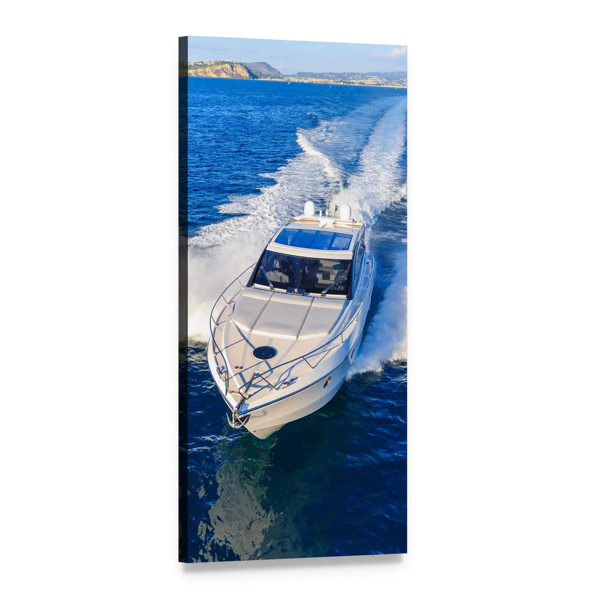 White Motor Yacht with Foaming Wake Vertical Canvas Wall Art, 1 panel 1 Vertical layout gallery wrapped canvas set, angled product view