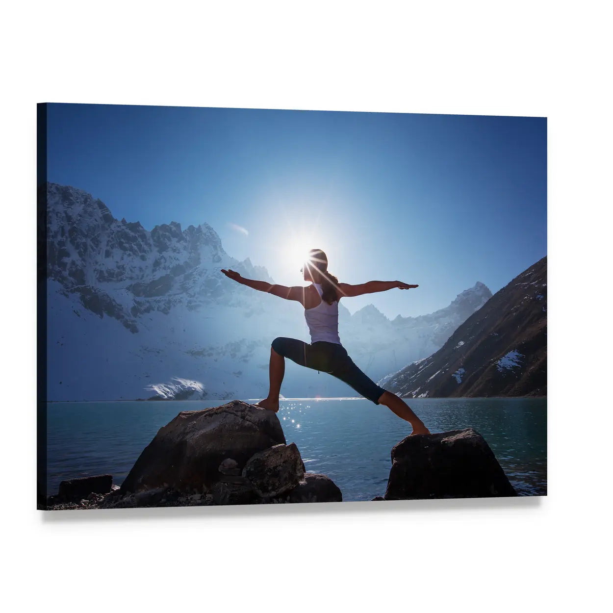 Woman in Warrior Ii at Mountain Lake Canvas Wall Art, single panel gallery wrapped canvas, angled product view