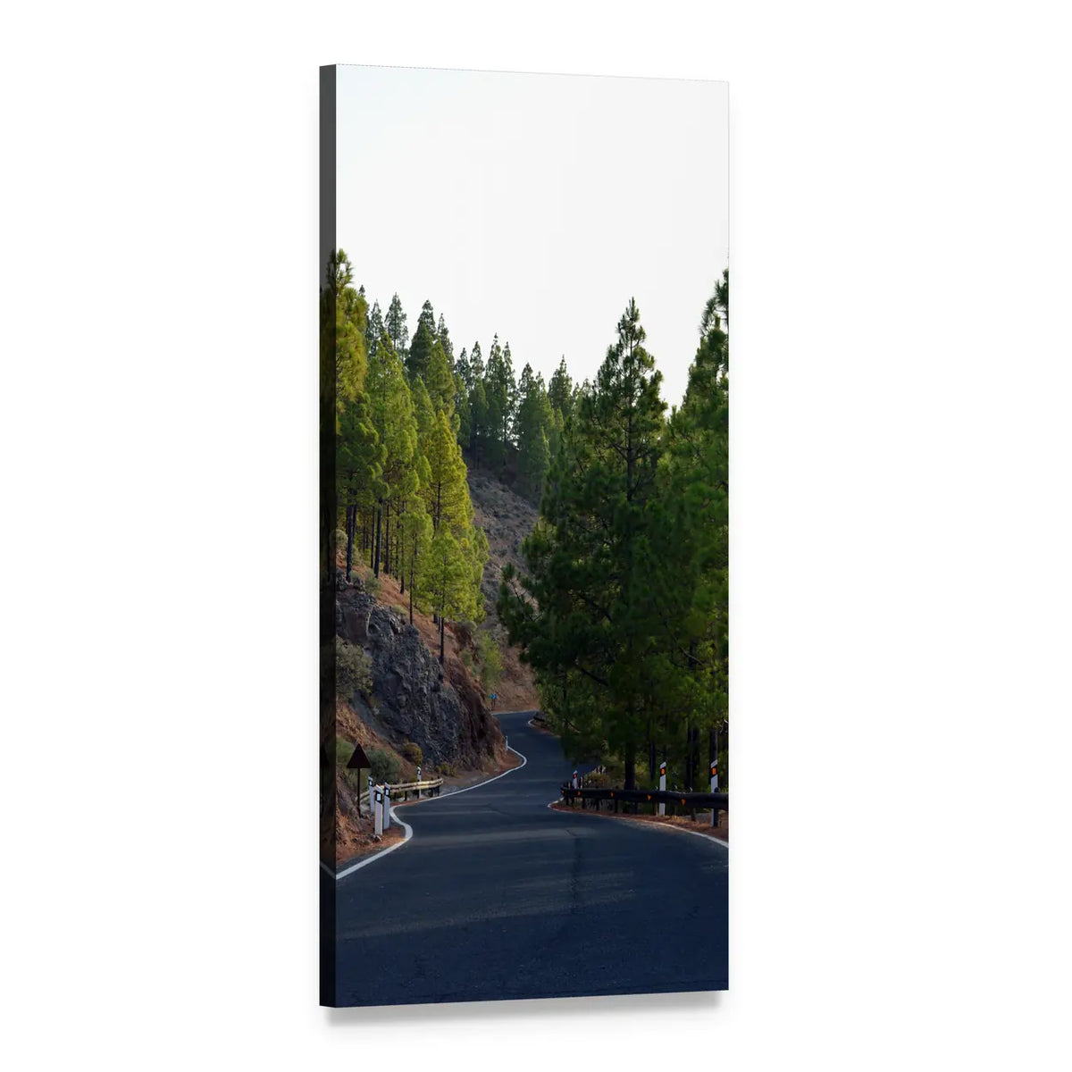 Winding Road Through Pine Forest Vertical Canvas Wall Art, 1 panel 1 Vertical layout gallery wrapped canvas set, angled product view