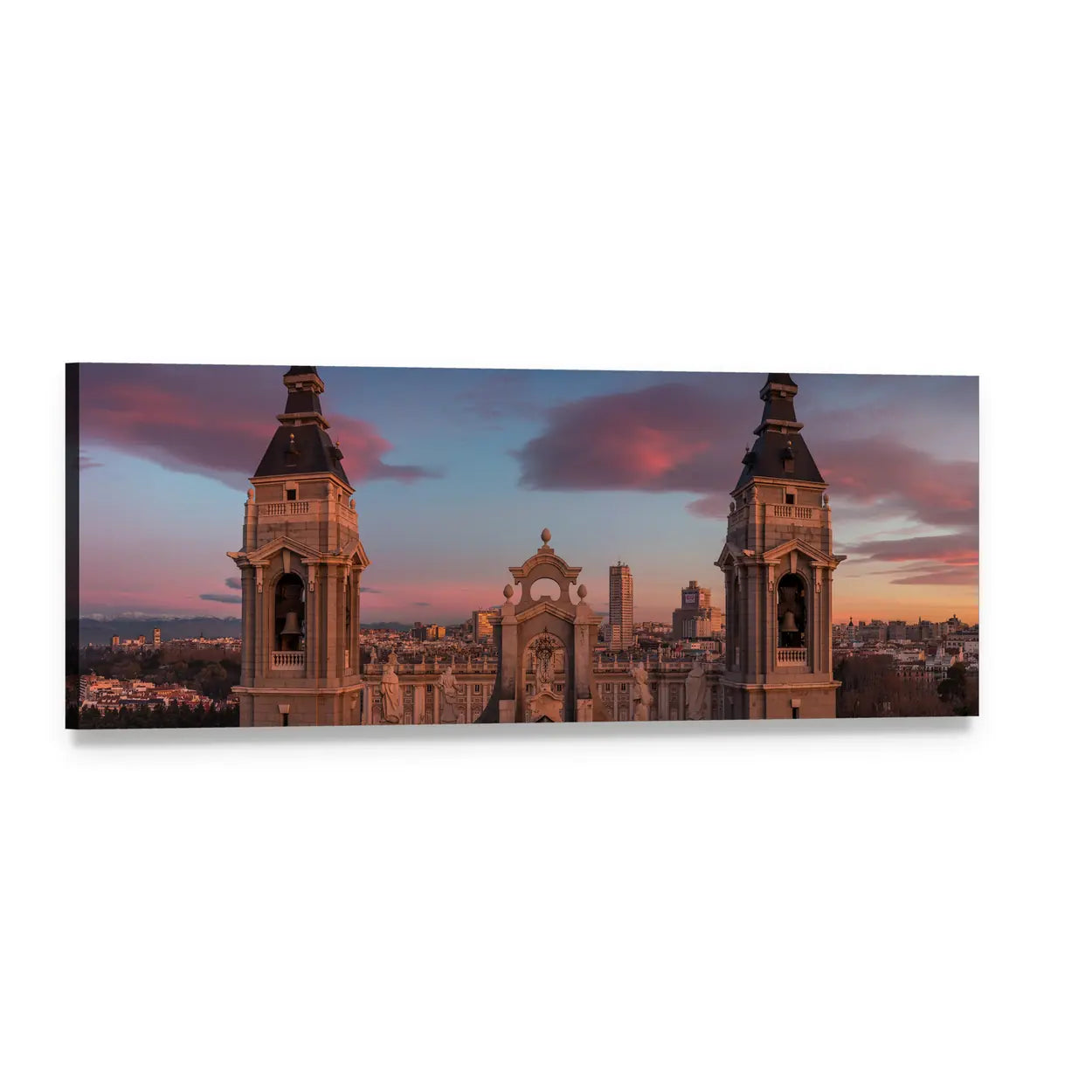 Almudena Cathedral at Sunset Panoramic Canvas Wall Art, single panel gallery wrapped canvas, angled product view