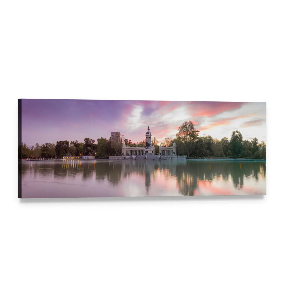 Alfonso Xii Monument Reflections at Dusk Panoramic Canvas Wall Art, single panel gallery wrapped canvas, angled product view