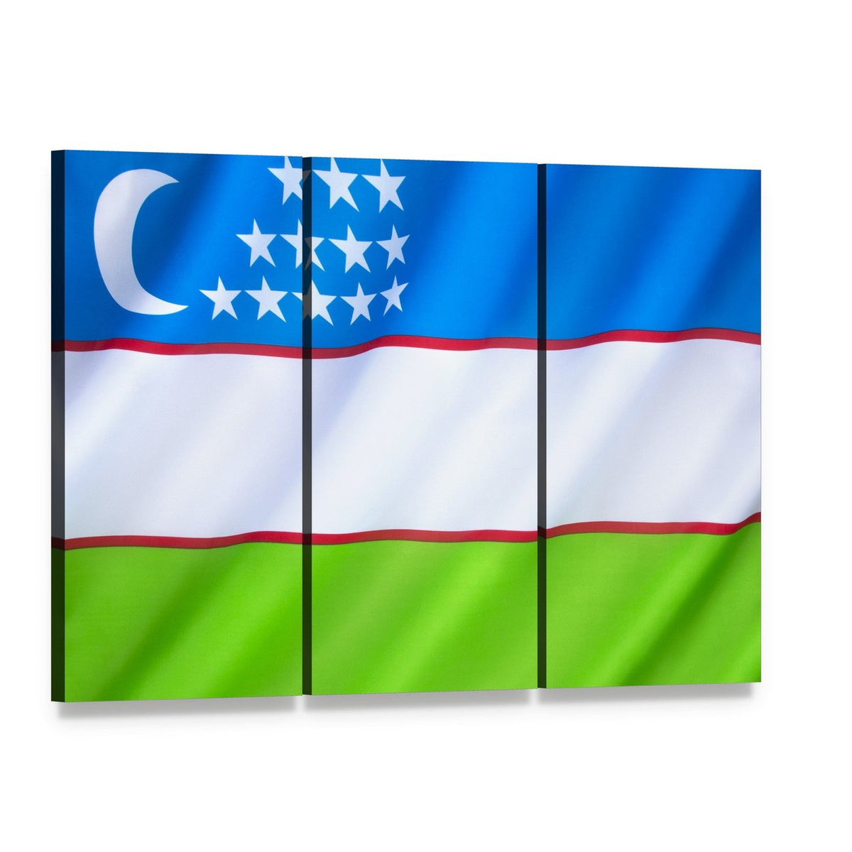 Uzbekistan Flag Canvas Wall Art, 3 panel 3 Horizontal layout gallery wrapped canvas set, angled product view