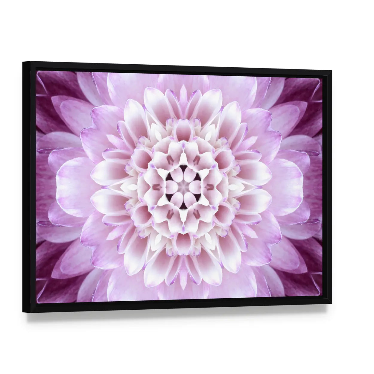Purple Concentric Flower Canvas Wall Art, framed canvas in a black floater frame, angled product view