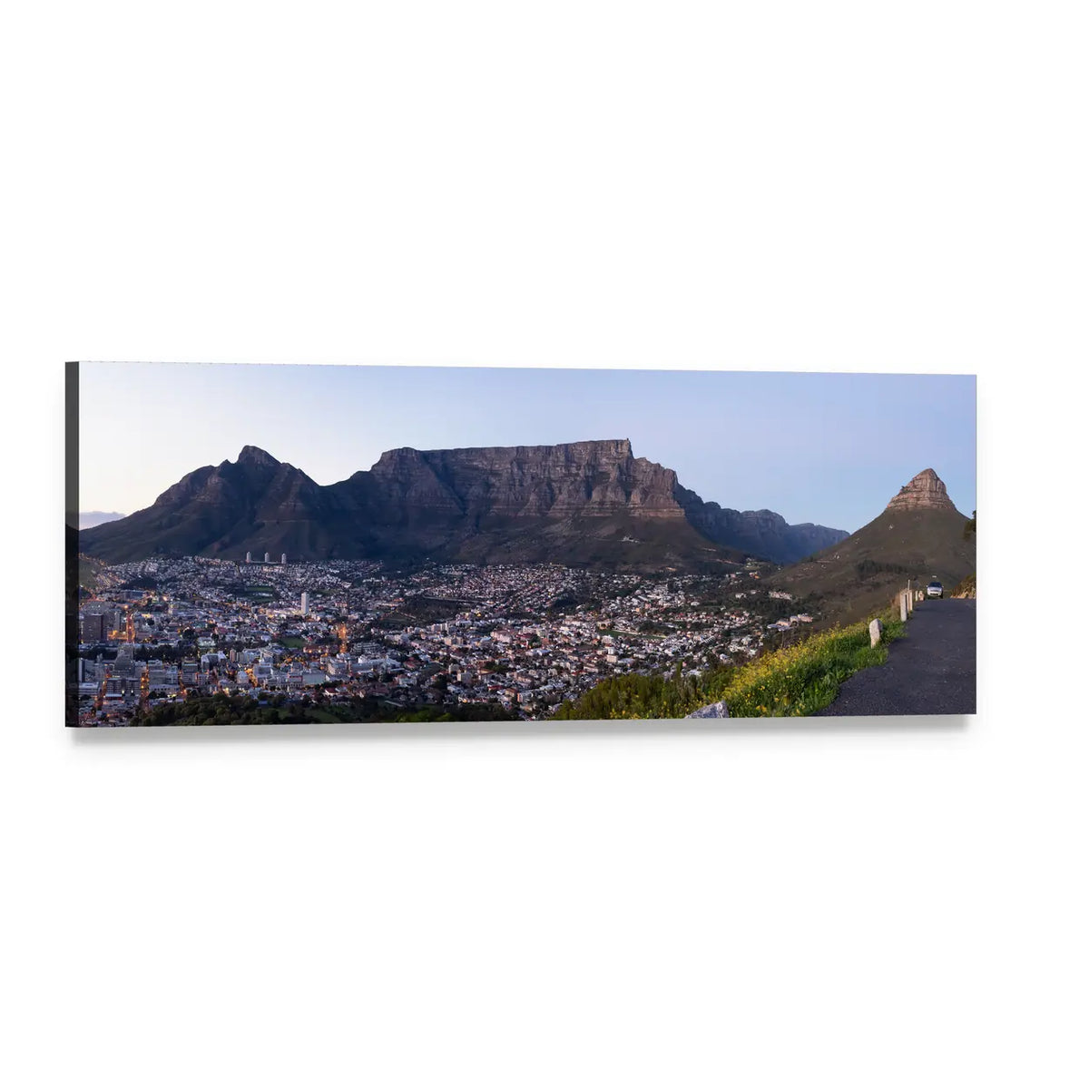 Table Mountain with City Lights Panoramic Canvas Wall Art, single panel gallery wrapped canvas, angled product view