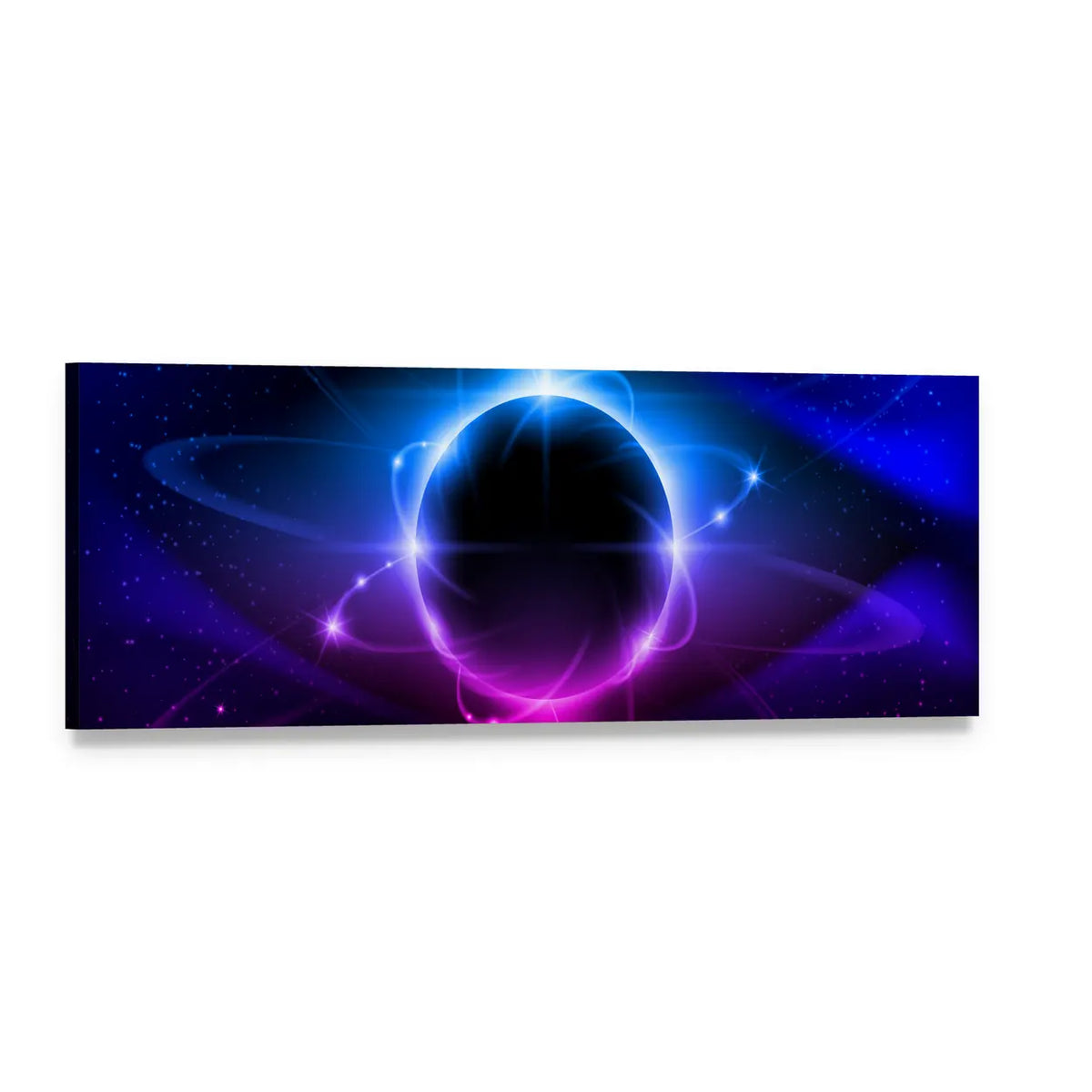 Blue Nebula in Space Panoramic Canvas Wall Art, single panel gallery wrapped canvas, angled product view