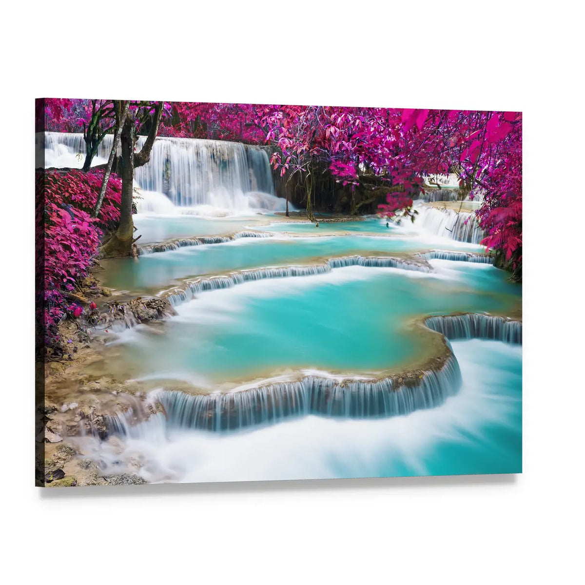 Turquoise Tiered Waterfall with Pink Foliage Canvas Wall Art, single panel gallery wrapped canvas, angled product view