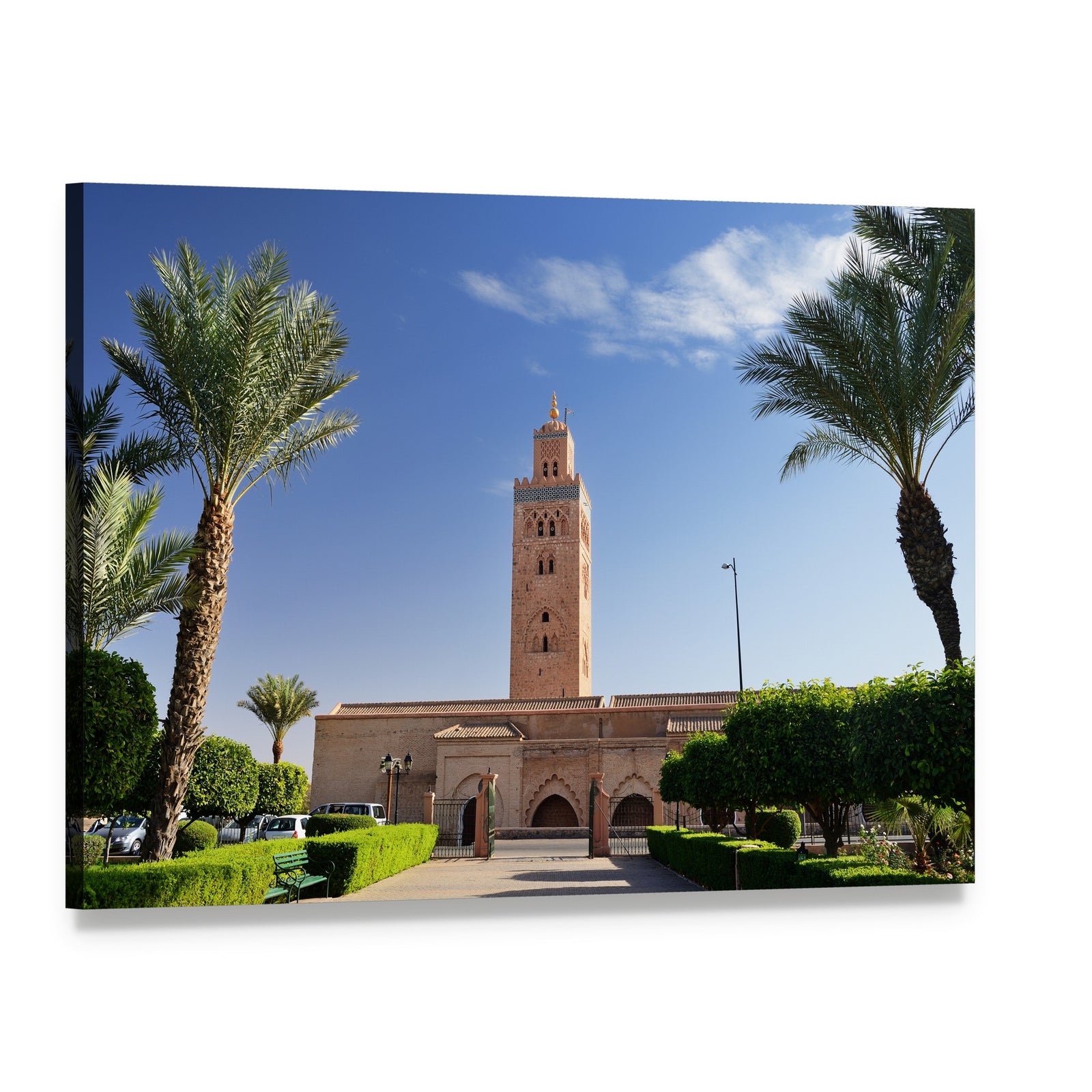 Koutoubia Mosque Minaret and Courtyard Canvas Wall Art, single panel gallery wrapped canvas, angled product view