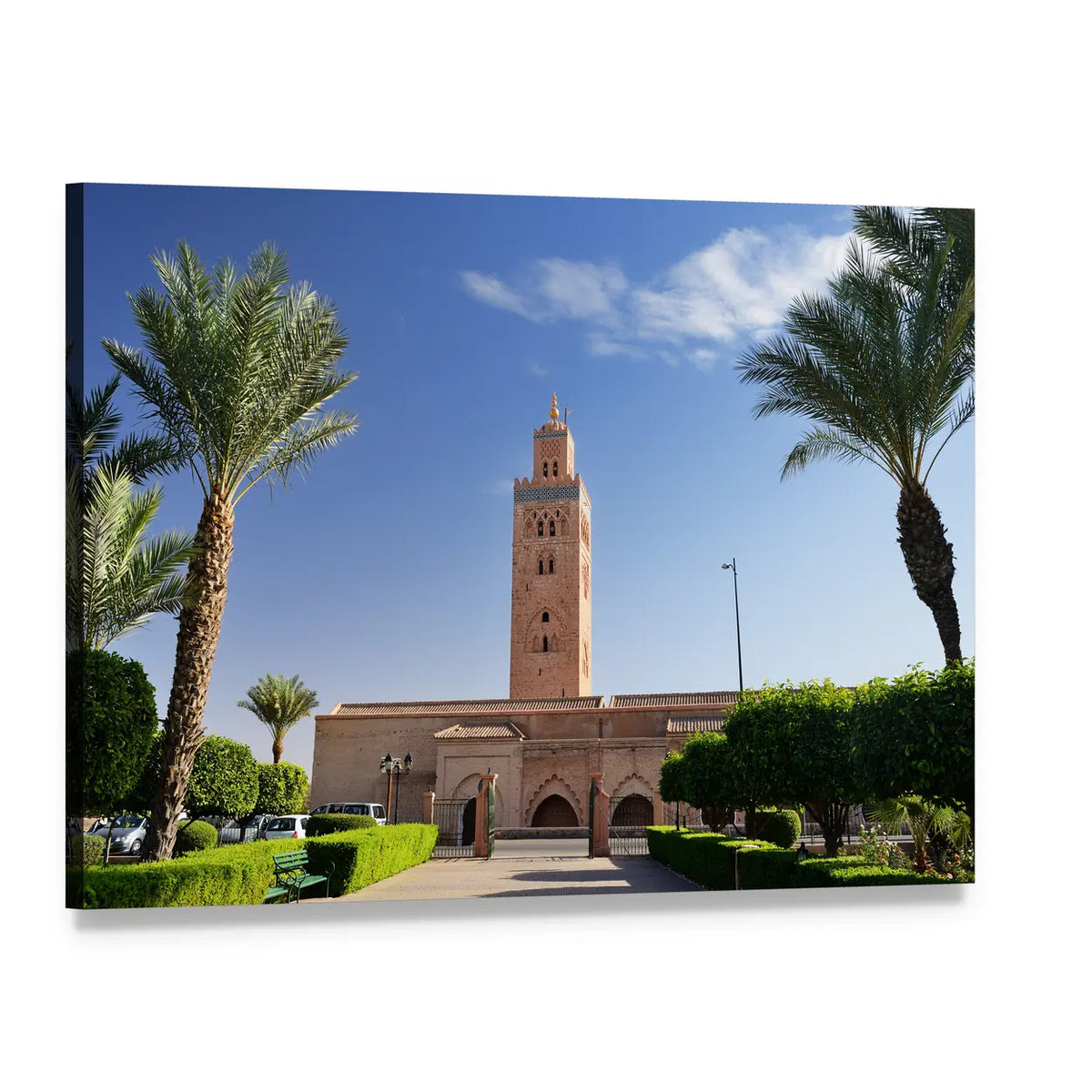 Koutoubia Mosque Minaret Under Blue Sky Canvas Wall Art, single panel gallery wrapped canvas, angled product view