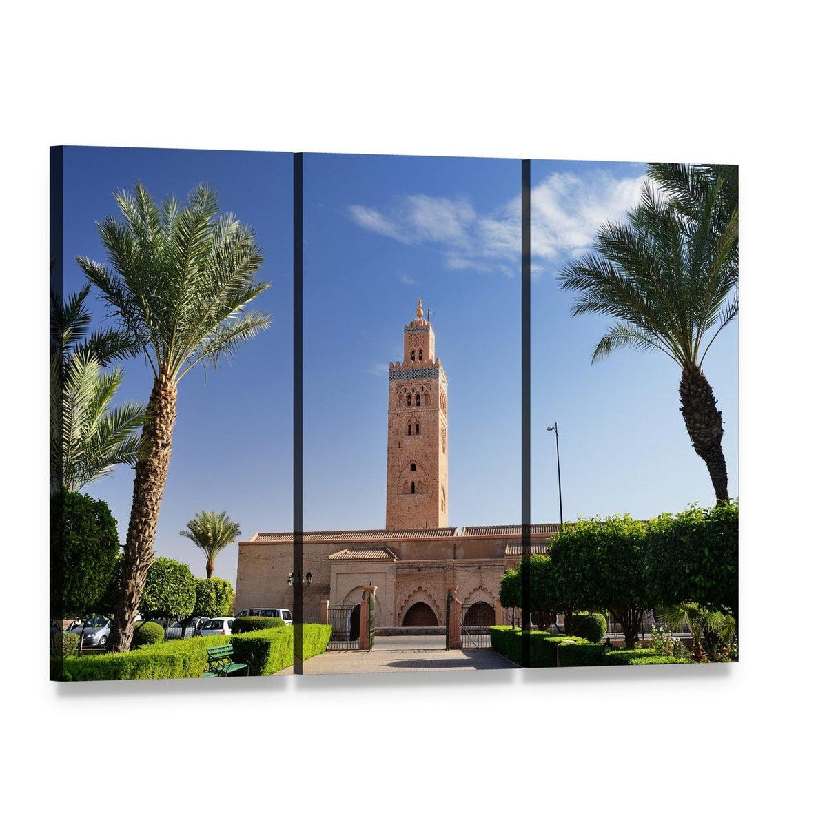 Koutoubia Mosque Minaret and Courtyard Canvas Wall Art, 3 panel 3 Horizontal layout gallery wrapped canvas set, angled product view