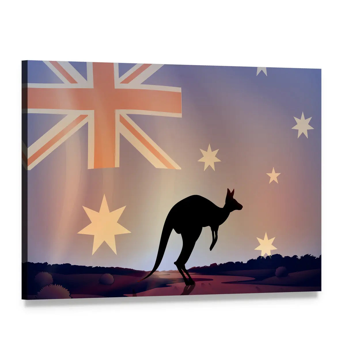 Australian Flag and Kangaroo Silhouette Canvas Wall Art, single panel gallery wrapped canvas, angled product view