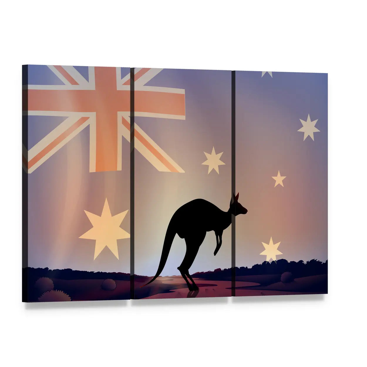 Leaping Kangaroo with Australian Flag Canvas Wall Art, 3 panel 3 Horizontal layout gallery wrapped canvas set, angled product view