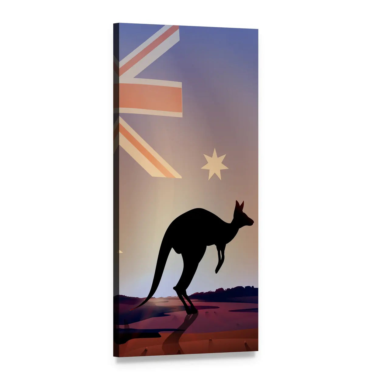 Kangaroo Silhouette with Australian Flag Vertical Canvas Wall Art, 1 panel 1 Vertical layout gallery wrapped canvas set, angled product view