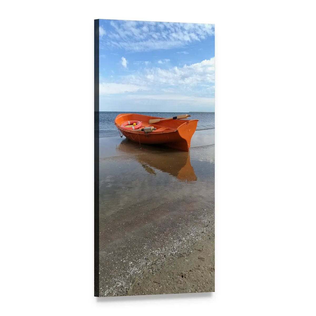 Orange Boat on Sandy Shore Vertical Canvas Wall Art, 1 panel 1 Vertical layout gallery wrapped canvas set, angled product view