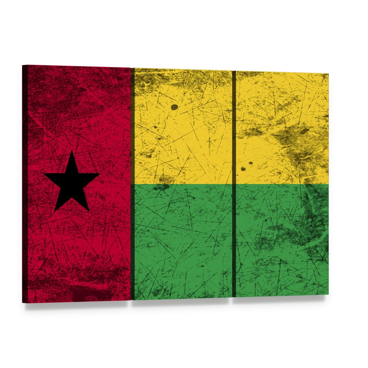 Guinea-bissau Flag Canvas Wall Art, 3 panel 3 Horizontal layout gallery wrapped canvas set, angled product view