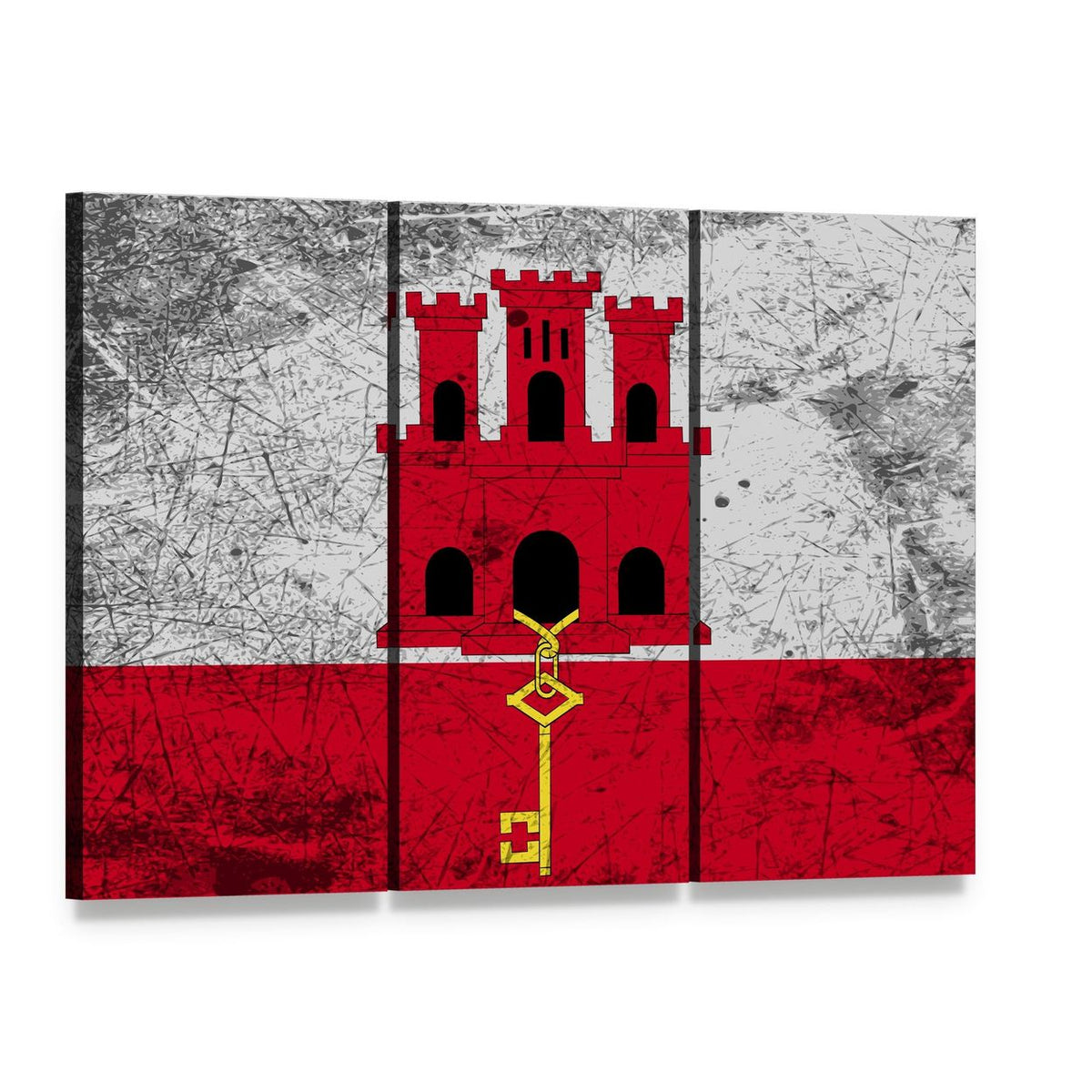 Gibraltar Flag with Castle and Keyhole Canvas Wall Art, 3 panel 3 Horizontal layout gallery wrapped canvas set, angled product view
