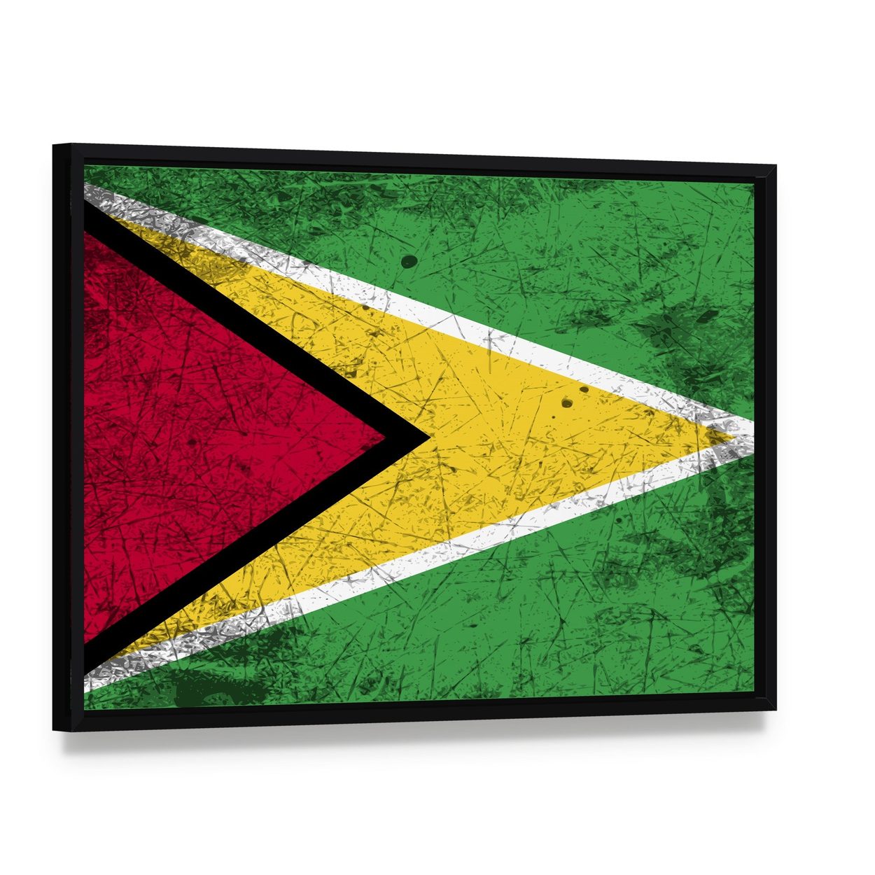 Distressed Guyana Flag Canvas Wall Art, framed canvas in a black floater frame, angled product view