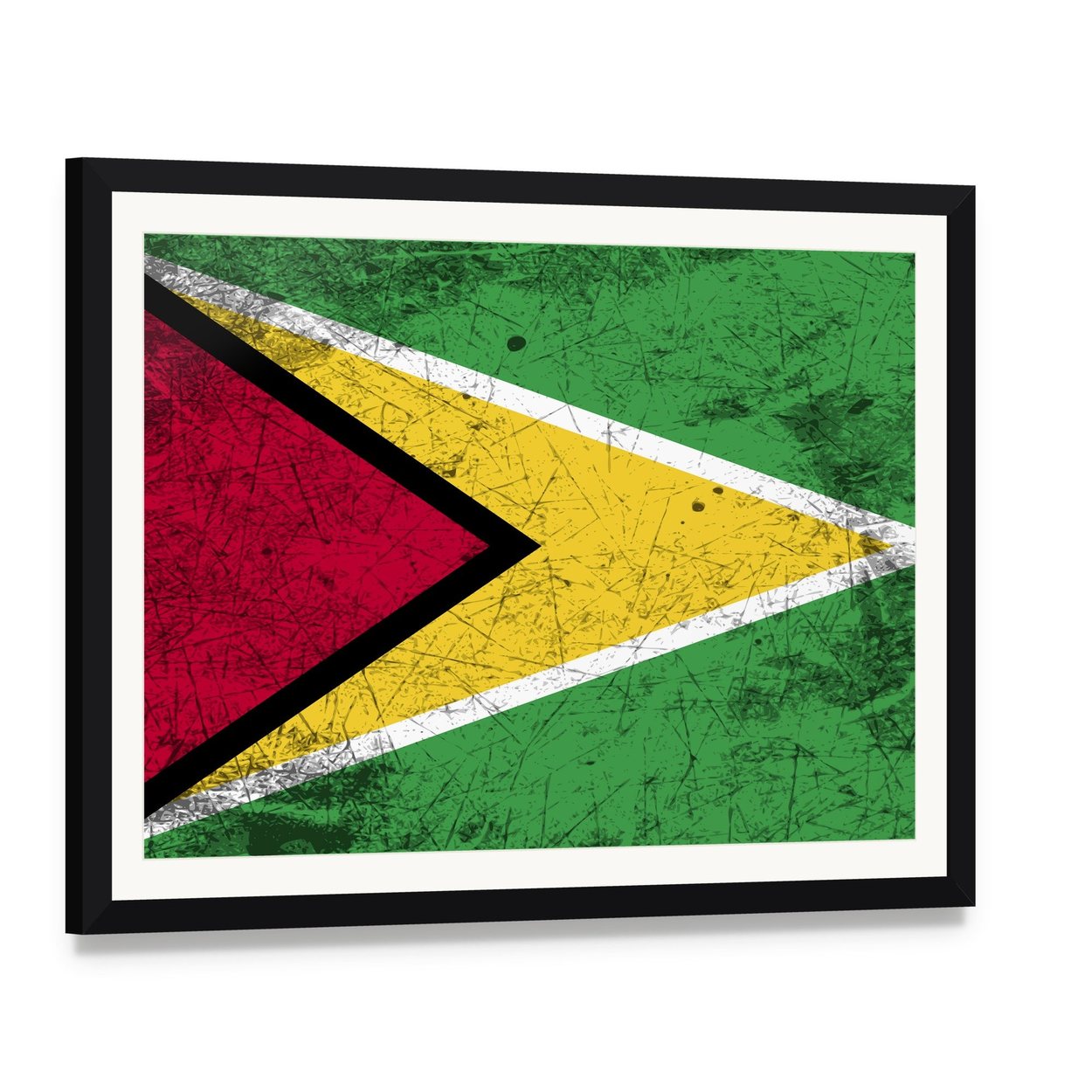 Distressed Guyana Flag Canvas Wall Art, framed print with white mat and black frame, angled product view