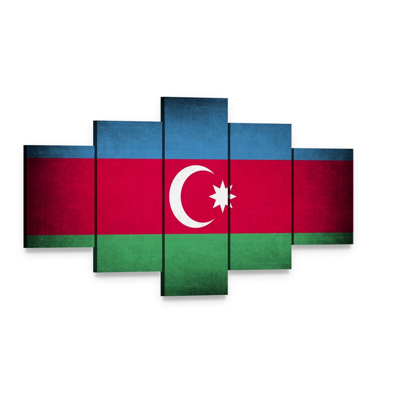 Azerbaijan Flag with Crescent and Star Canvas Wall Art, 5 panel 5 Star layout gallery wrapped canvas set, angled product view