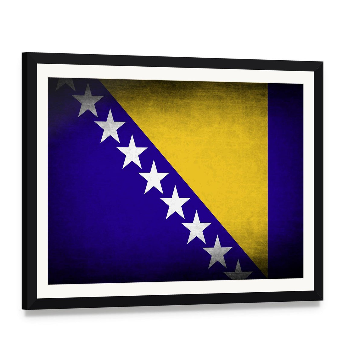 Bosnia and Herzegovina Flag Canvas Wall Art, framed print with white mat and black frame, angled product view