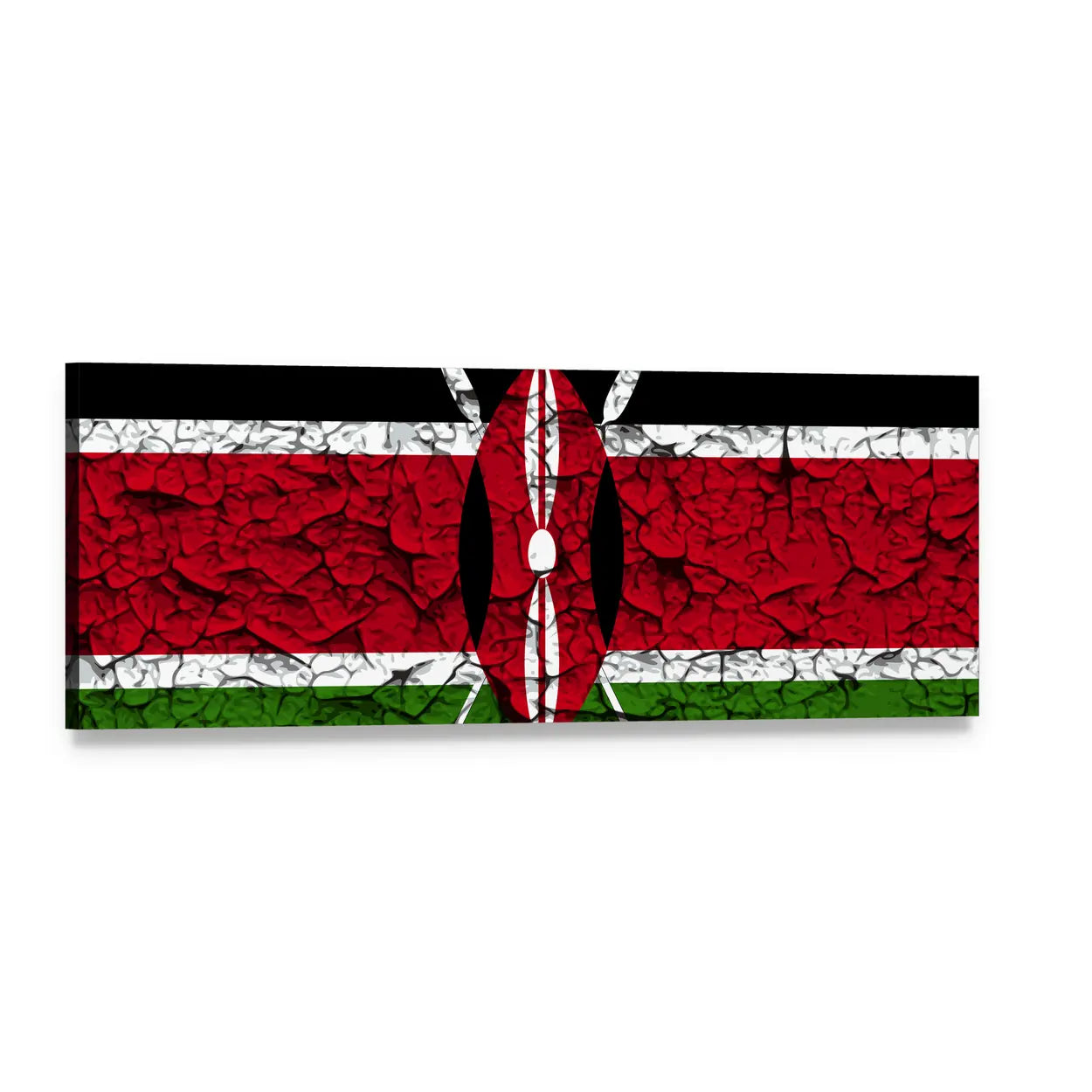 Kenyan Flag with Maasai Shield and Spears Panoramic Canvas Wall Art, single panel gallery wrapped canvas, angled product view