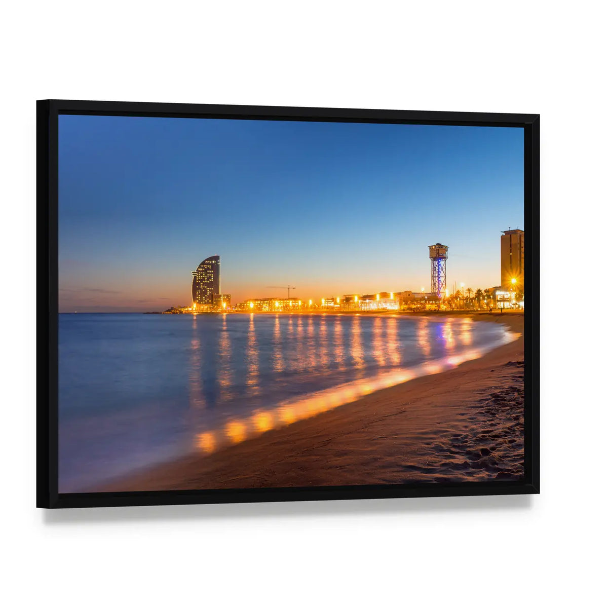 Barcelona Beach at Sunset Canvas Wall Art, framed canvas in a black floater frame, angled product view