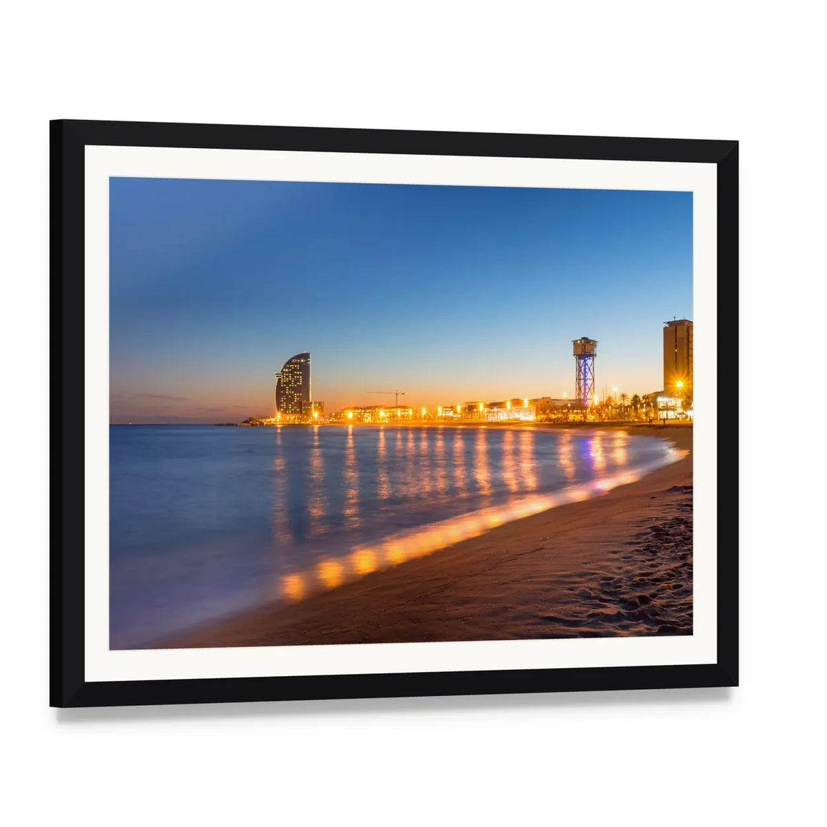 Barcelona Beach at Sunset Canvas Wall Art, framed print with white mat and black frame, angled product view