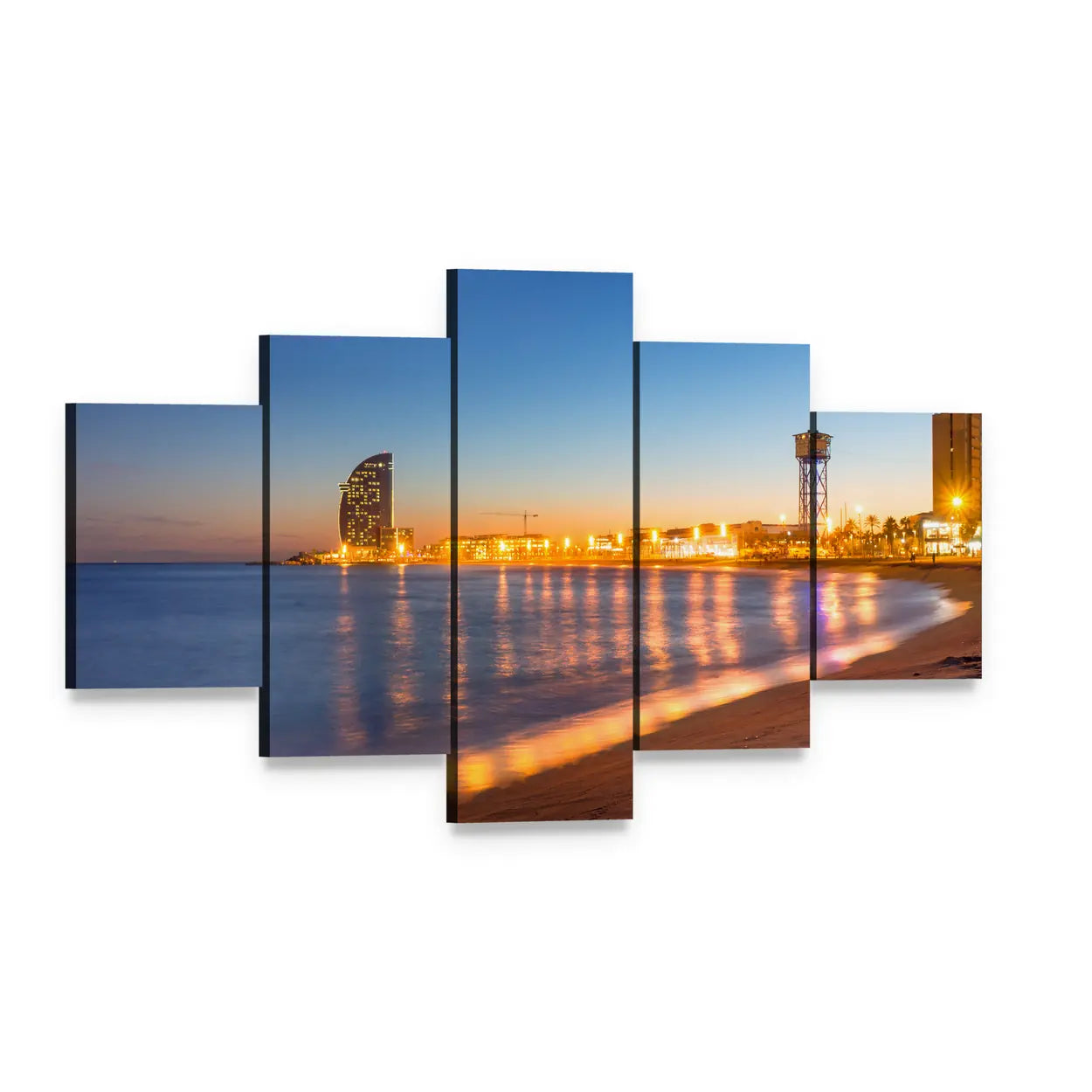 Barcelona Beach at Sunset Canvas Wall Art, 5 panel 5 Star layout gallery wrapped canvas set, angled product view